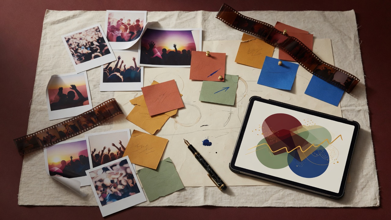 A content planning desk with stills, notes, and a growth dashboard.