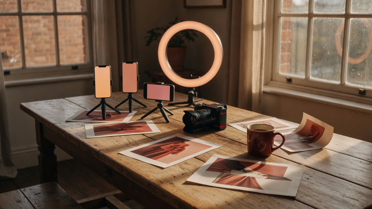 A Persuasian content studio: phones, camera, and printed stills ready for a social shoot.